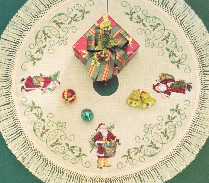 Vintage Cross Stitch Pattern Heirloom Santa Christmas Tree Skirt PDF Instant Digital Download Old World St Nick Holly Scrolls Design