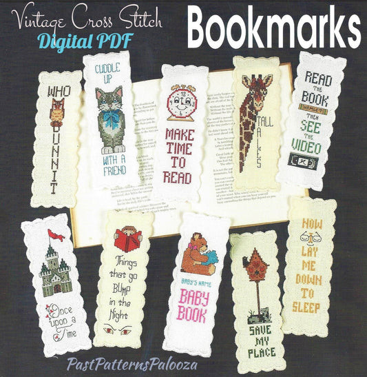 Vintage Cross Stitch Patterns Fun Bookmarks PDF Instant Digital Download Set of 10 Embroidered Book Marks