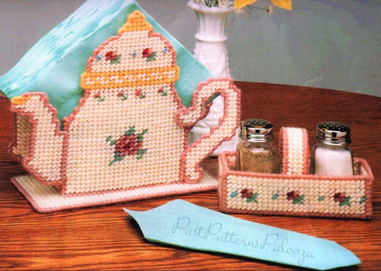 Vintage Plastic Canvas Pattern Victorian Rose Teapot Napkin Holder and Salt Pepper Caddy Set PDF Instant Digital Download Table Setting