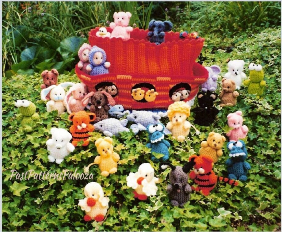 Vintage Crochet Pattern 4" Noahs Ark Amigurumi Mini Animal Beanies Soft Toys PDF Instant Digital Download 28 Animal Designs + Ark Storage