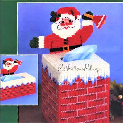 Vintage Plastic Canvas Christmas Tissue Box Cover Pattern Santa Chimney Holiday Tissue Topper PDF Instant Digital Download 2 Sizes 7 Count