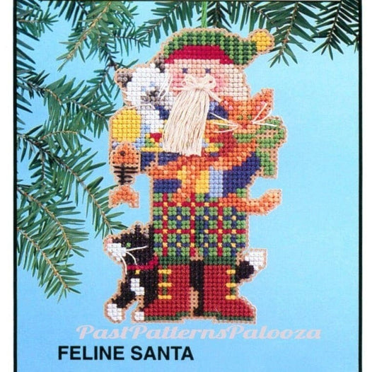 Vintage Cross Stitch Pattern 5" Cat Lover Feline Santa Claus Ornament PDF Instant Digital Download Christmas Tree Trim Perforated Paper