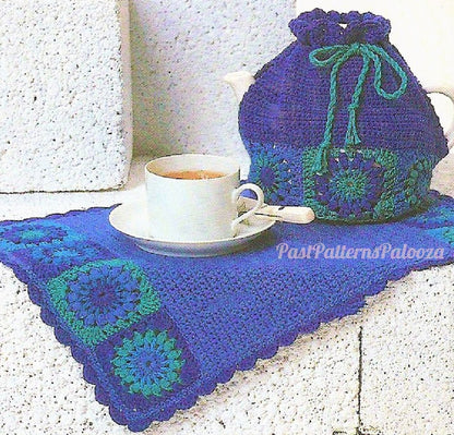 Vintage Crochet Pattern Granny Square Placemat Tea Cozy Set Puff Stitch PDF Instant Digital Download Teapot Topper Cover Place Mat 5 Ply