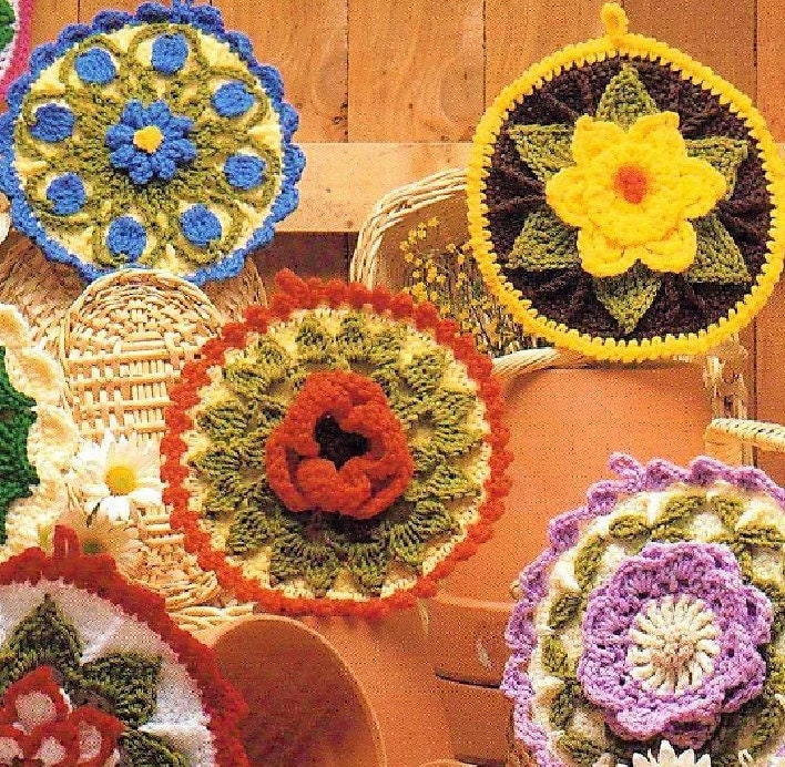 Vintage Crochet Pattern Pretty Flower Garden Potholders PDF Instant Digital Download Floral Gardenia Poppy Peony Daffodil Pot Holders 10 Ply