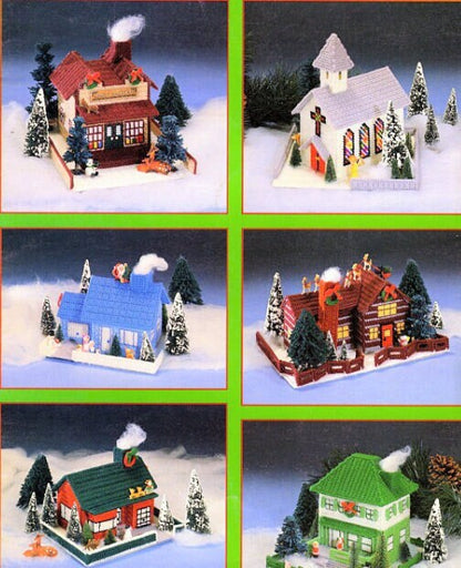 Vintage Plastic Canvas Patterns Christmas Village No. 3 PDF Instant Digital Download Holiday Houses Town Display Centerpiece 7 Mesh 10 Ply