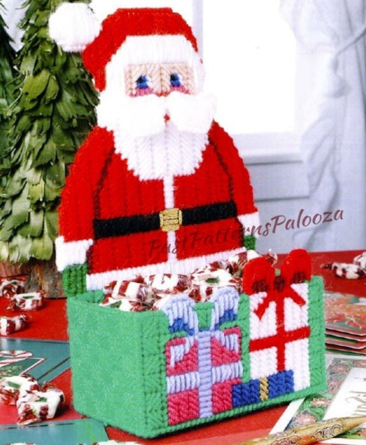 Vintage Plastic Canvas Pattern 10" Santa Claus Christmas Candy Goodie Holder PDF Instant Digital Download Centerpiece Decor