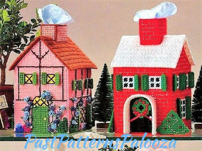 Vintage Plastic Canvas Pattern Christmas House & Rose Covered Cottage Tissue Box Toppers Houses Holiday Village PDF Instant Digital Download