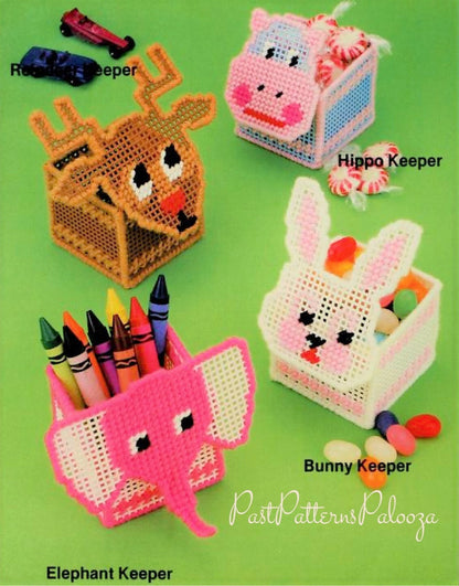 Vintage Plastic Canvas Pattern Mini Christmas Reindeer Boxes Animal Treat Holder Favor Baskets PDF Instant Digital Download 4 Designs