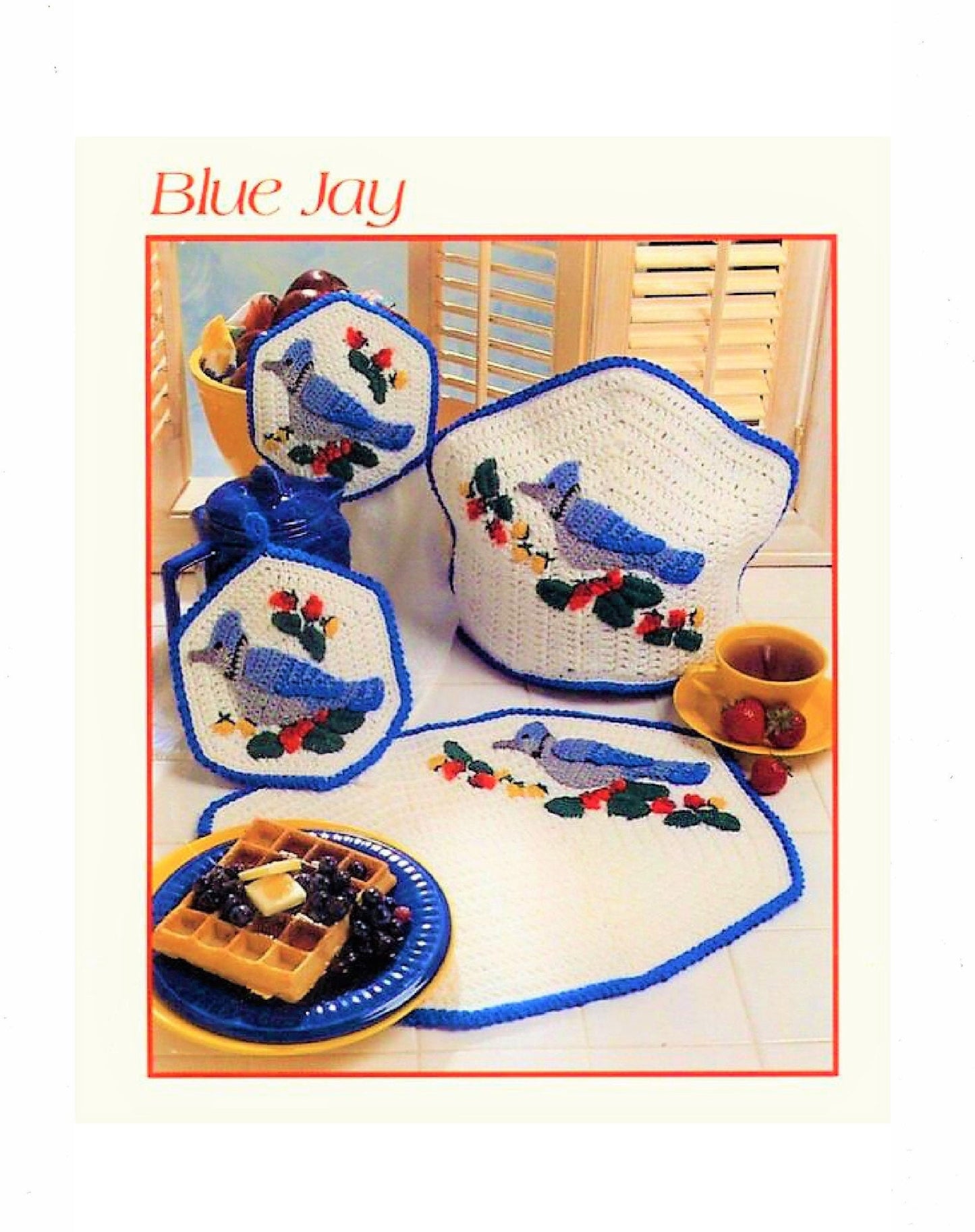 Vintage Crochet Pattern Blue Jay Bird Kitchen Set PDF Instant Digital Download Tea Cosy Place Mat Pot Holder Towel Topper 10 Ply