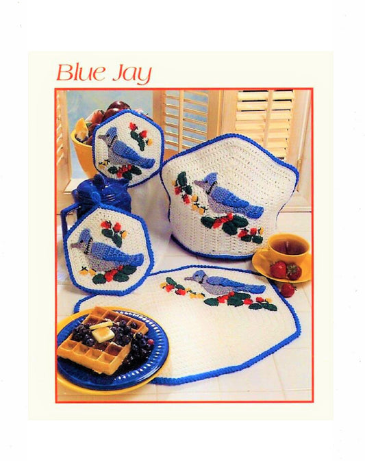 Vintage Crochet Pattern Blue Jay Bird Kitchen Set PDF Instant Digital Download Tea Cosy Place Mat Pot Holder Towel Topper 10 Ply