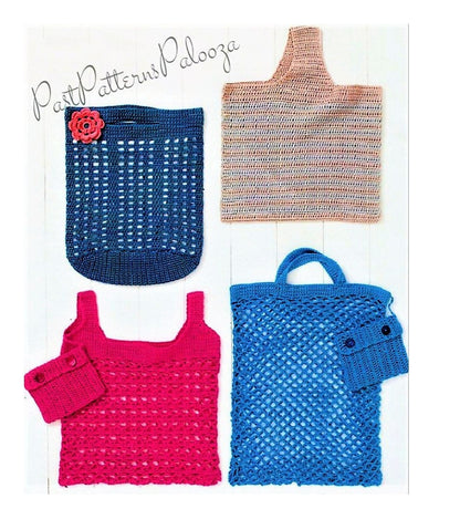 Vintage Crochet Patterns Carry All Totes Shopping Bags 4 Lacy Mesh Designs PDF Instant Digital Download 4 Ply