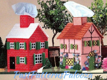 Vintage Plastic Canvas Pattern Christmas House & Rose Covered Cottage Tissue Box Toppers Houses Holiday Village PDF Instant Digital Download