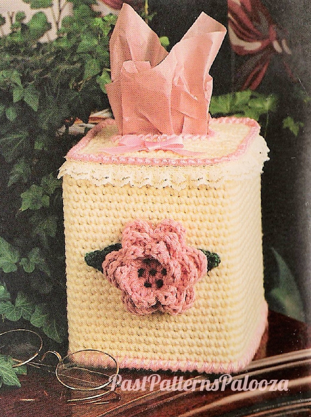 Vintage Crochet Pattern Victorian Rose Tissue Box Cover Topper PDF Instant Digital Download Lace Ribbon Flower Motif 4 Ply