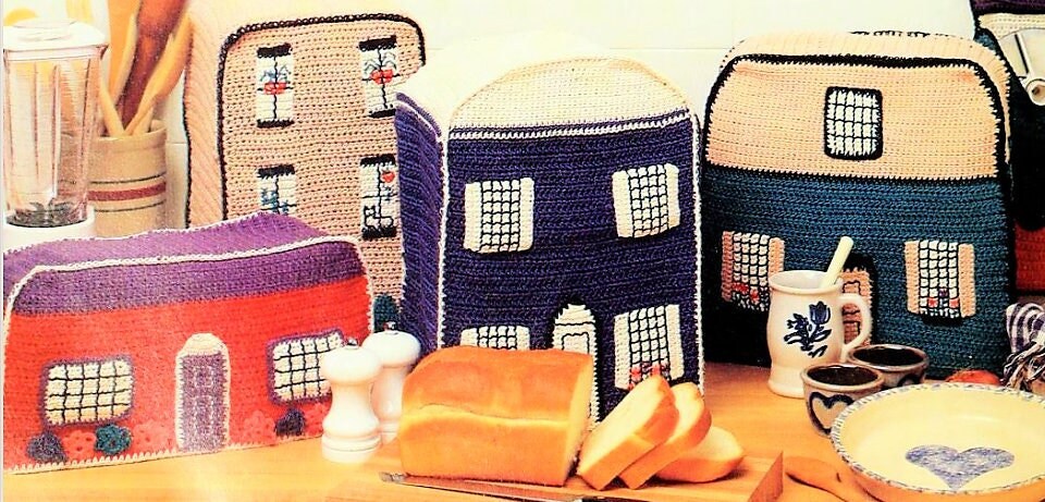 Vintage Crochet Pattern Town and Country Small Kitchen Appliance Cozies Covers Houses PDF Instant Digital Download 10 Ply