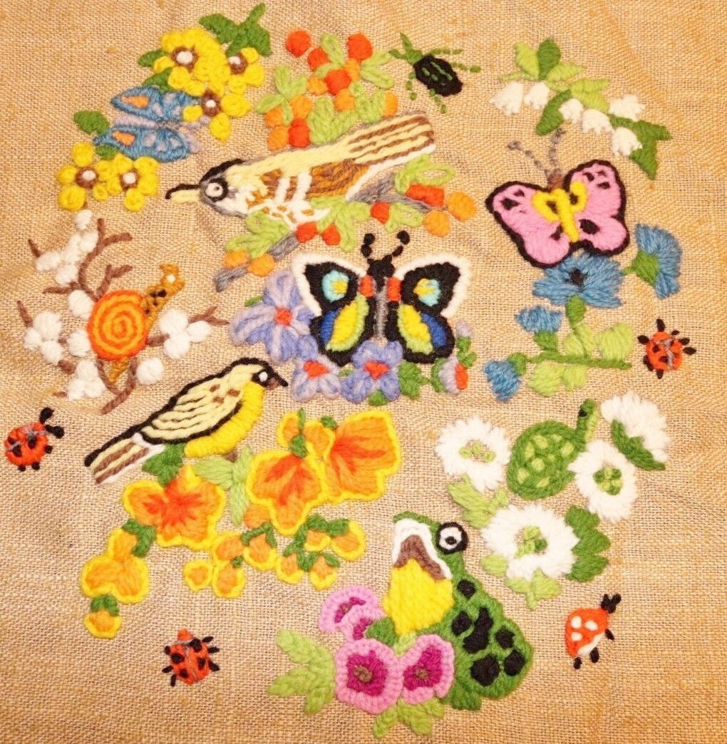 PDF Vintage Crewel Embroidery Pattern Spring Garden Animals Flower Blossoms Birds Bugs Needlepoint Stitchery Instant Digital Download