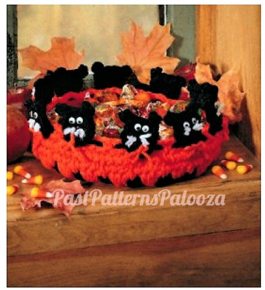 Vintage Crochet Pattern 9" Halloween Cat Candy Bowl Centerpiece PDF Instant Digital Download Kitty Cat Trick-Or-Treat Dish 10 Ply