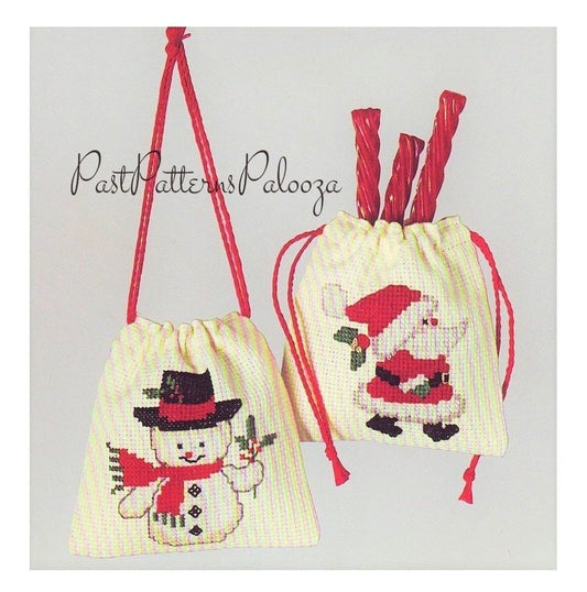 Vintage Cross Stitch Pattern 5" Cute Snowman Santa Treat Bags or Christmas Ornaments PDF Instant Digital Download Aida Cloth Gift Sacks