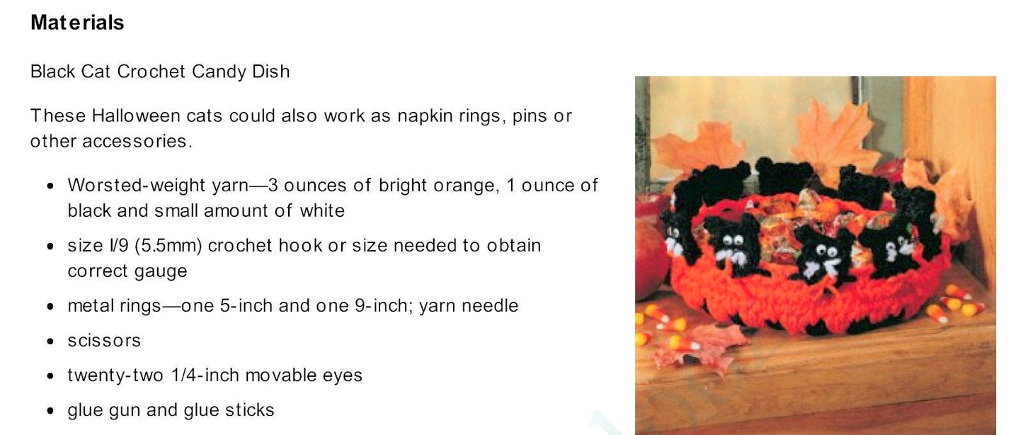 Vintage Crochet Pattern 9" Halloween Cat Candy Bowl Centerpiece PDF Instant Digital Download Kitty Cat Trick-Or-Treat Dish 10 Ply