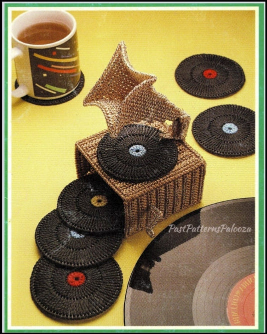 Vintage Plastic Canvas Pattern Vinyl Records and Phonograph Player Coaster Set PDF Instant Digital Download Old Fashioned Record Player