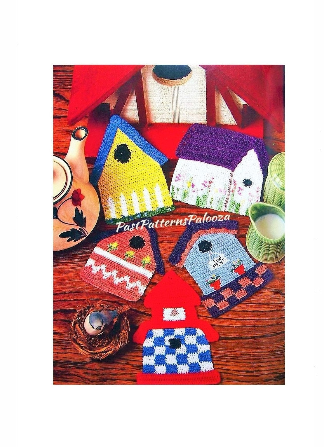 Vintage Crochet Pattern Pretty Birdhouse Potholders PDF Instant Digital Download Cute Bird House Pot Holders Cotton Thread 3 Designs