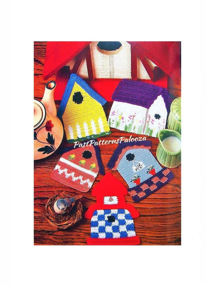 Vintage Crochet Pattern Pretty Birdhouse Potholders PDF Instant Digital Download Cute Bird House Pot Holders Cotton Thread 3 Designs