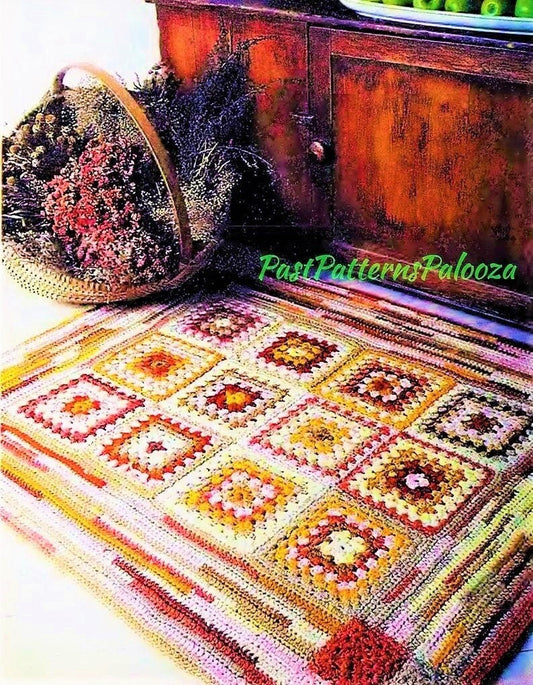 Vintage Crochet Pattern Granny Square Rug Boho Bohemian Decor PDF Instant Digital Download Quick Easy Indoor Floor Mat 42x51