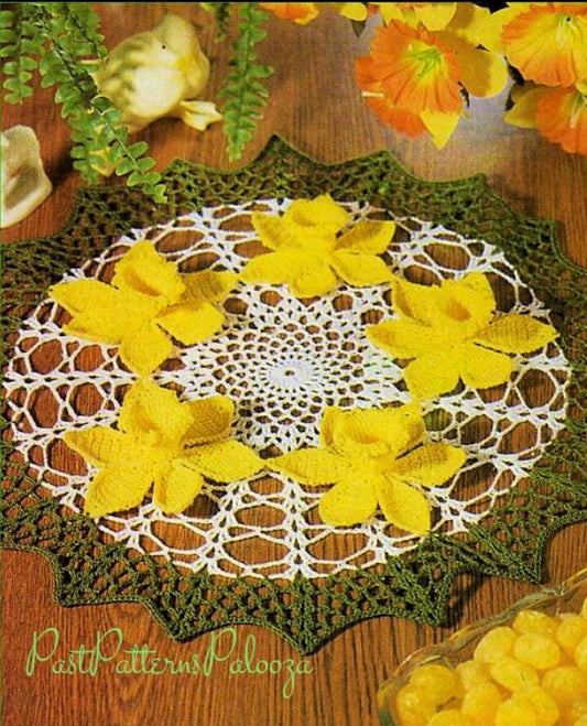Vintage Crochet Pattern 15" Lacy Daffodil Garden Doily Centerpiece Mat PDF Instant Digital Download Spring Flower Table Decor Cotton Thread