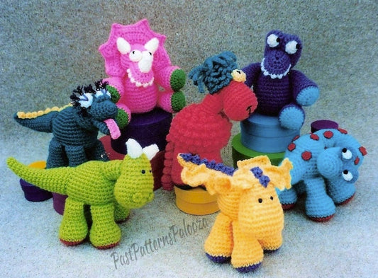Vintage Crochet Pattern 6-8" Colorful Dinosaurs Amigurumi Soft Toys PDF Instant Digital Download Plush Winged Dino Wings 6 Designs DK 5 Ply