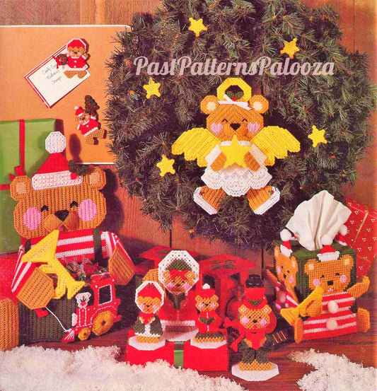 Vintage Plastic Canvas Pattern Christmas Teddy Bear Ornaments Tissue Cover Caddy Angel Bear Tree Topper PDF Instant Digital Download