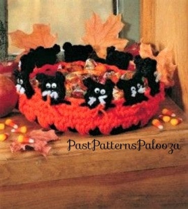 Vintage Crochet Pattern 9" Halloween Cat Candy Bowl Centerpiece PDF Instant Digital Download Kitty Cat Trick-Or-Treat Dish 10 Ply