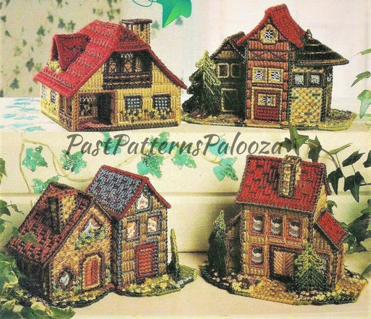Vintage Plastic Canvas Pattern Rustic European Country Cottages Houses Village PDF Instant Digital Download 4 Cottage Designs 7 Count