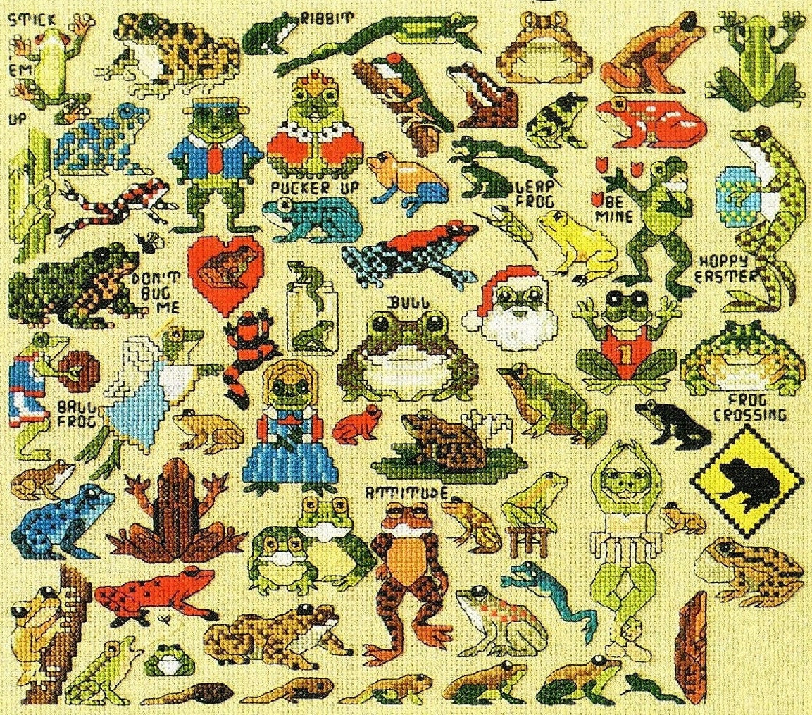 Vintage Cross Stitch Patterns Cute Mini Frog Motifs PDF Instant Digital Download Embroidery Kitsch Quirky Froggy Love Designs A1