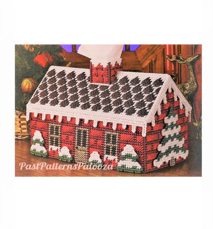 Vintage Plastic Canvas Pattern Snowy Gingerbread Cabin Large Tissue Box Cover Christmas Tissue Topper PDF Instant Digital Download 7 Count