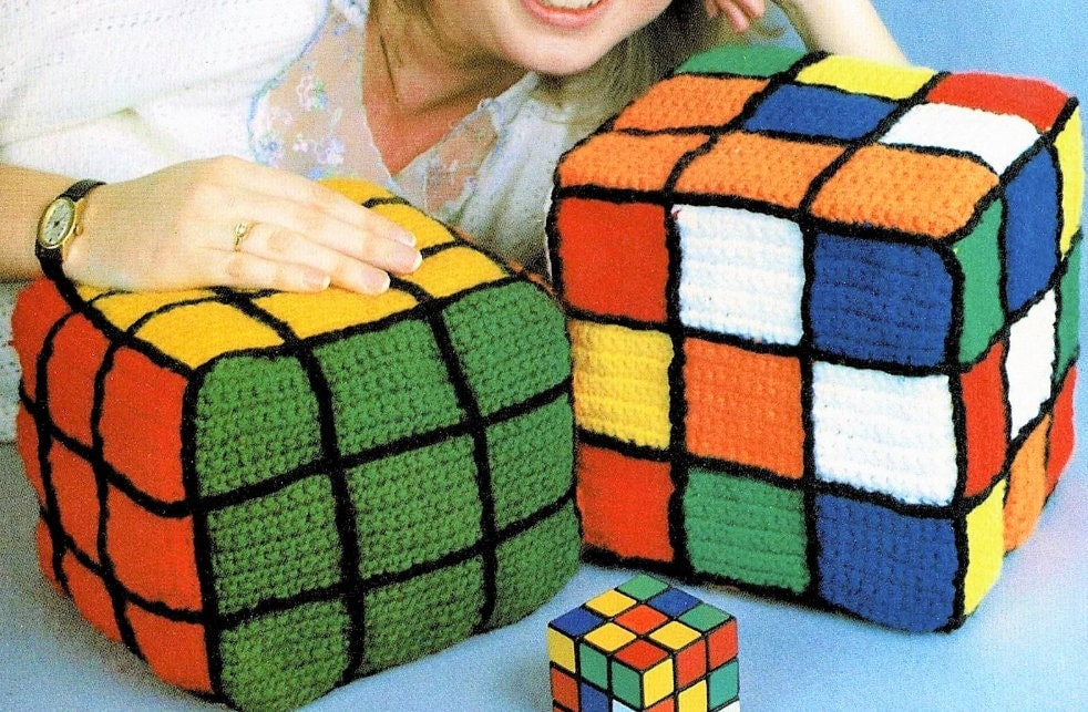 Vintage Crochet Pattern 8" Rubik's Cube Square Puzzle Pillow or Toy PDF Instant Digital Download Retro 1980s Plush Novelty Amigurumi 4 Ply