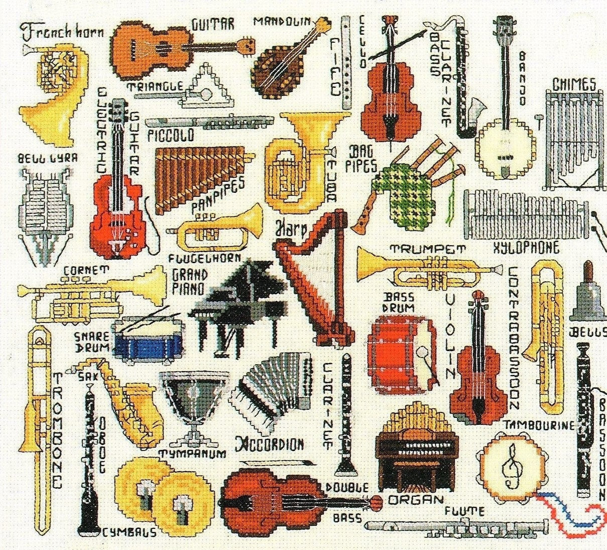 Vintage Cross Stitch Patterns Mini Musical Instruments Motifs PDF Instant Digital Download Embroidery 35 Music Orchestra Band Designs A1