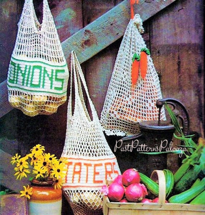 Vintage Crochet Pattern Mesh Produce String Bags Onions Taters Carrot Keepers Shopping Totes PDF Instant Digital Download Cotton Thread