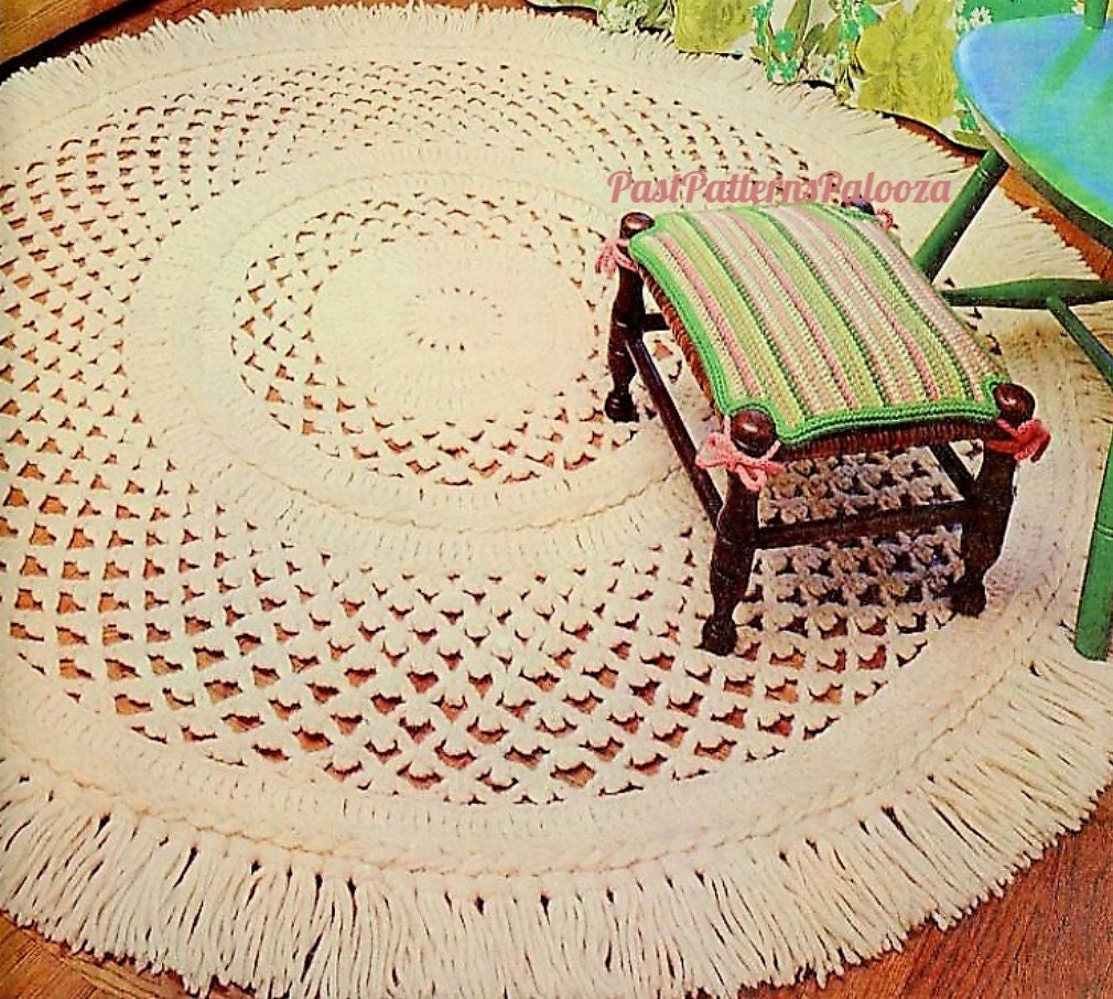 Vintage Crochet Pattern 5' Round Irish Crochet Area Rug PDF Instant Digital Download Pretty Mesh Lace & Braided Fringed Rug