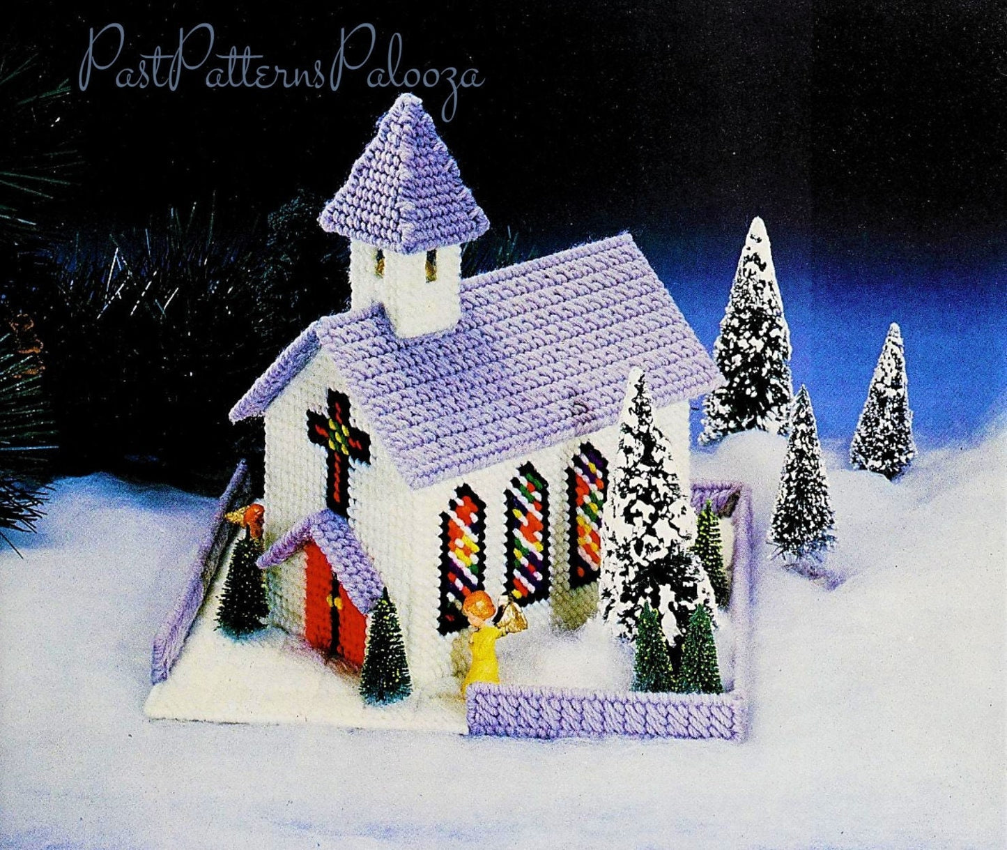 Vintage Plastic Canvas Pattern 8" Christmas Church Centerpiece PDF Instant Digital Download Christmas Needlepoint Village Display 7 Count