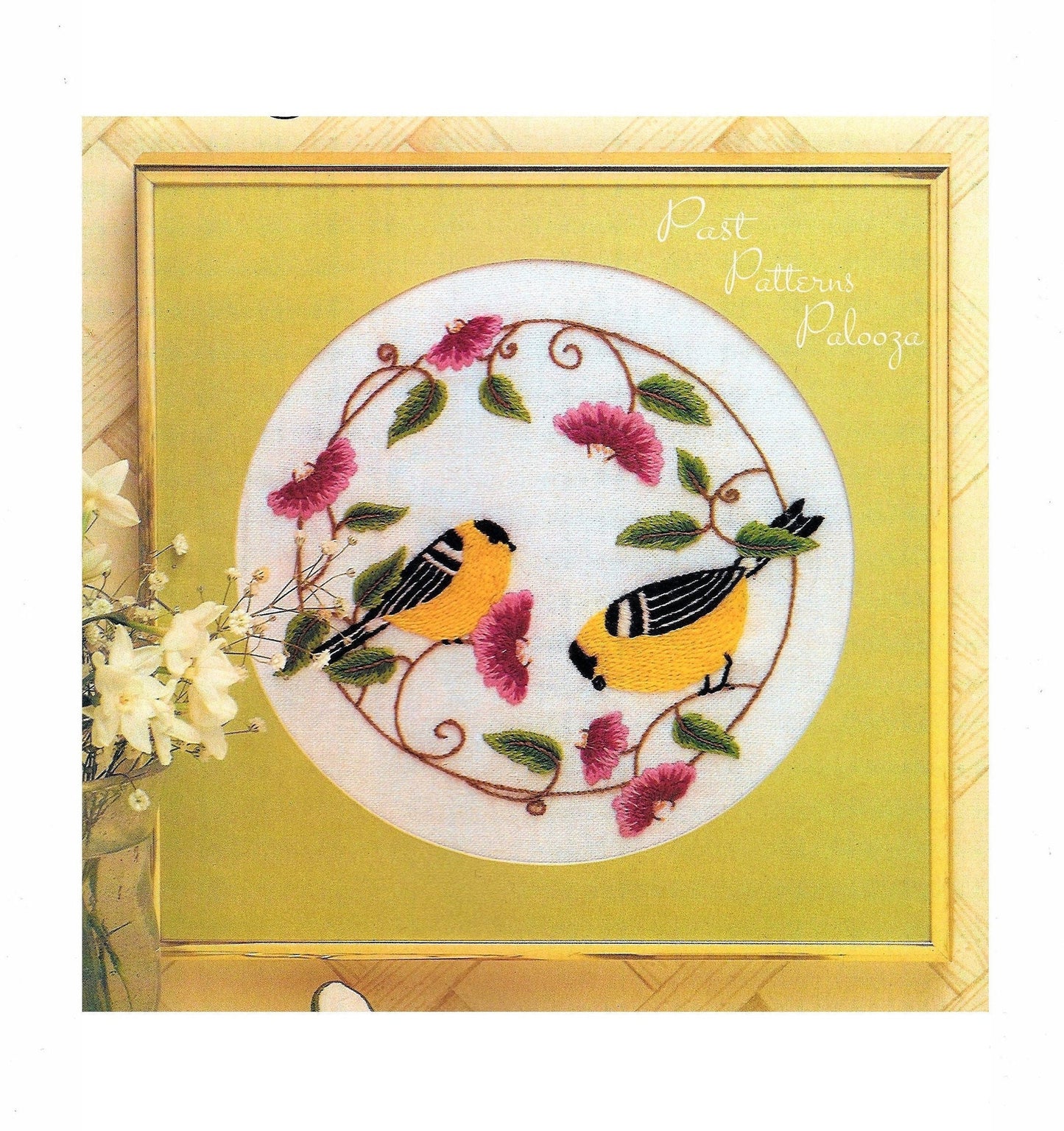 Vintage Crewel Embroidery Pattern 8" Goldfinch Birds Flowers Two Designs PDF Instant Digital Download Retro Little Yellow Birds