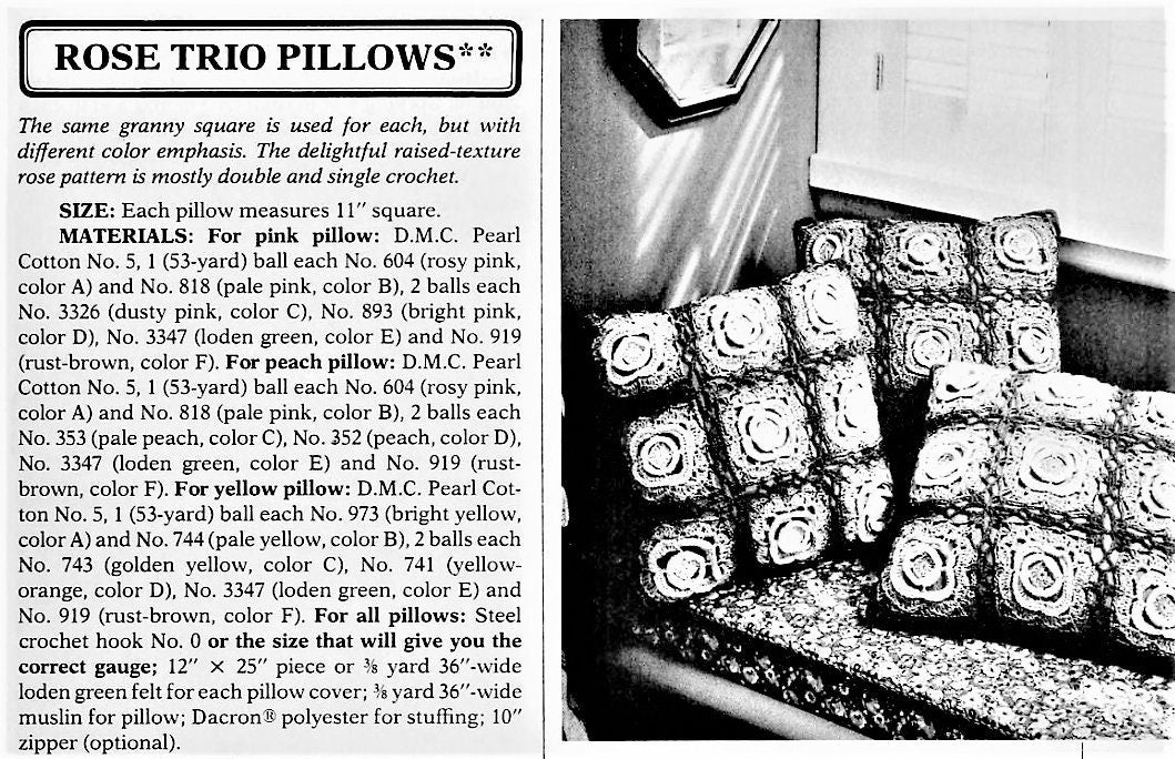 Vintage Thread Crochet Pattern Irish Rose Trio Pillows Boho Floral Granny Square Cushions PDF Instant Digital Download Perle Cotton no. 5