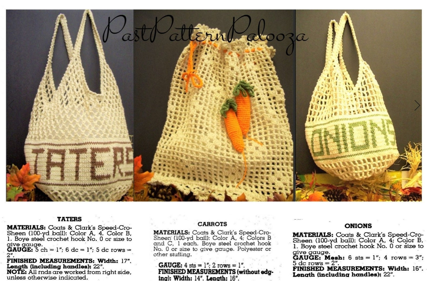 Vintage Crochet Pattern Mesh Produce String Bags Onions Taters Carrot Keepers Shopping Totes PDF Instant Digital Download Cotton Thread