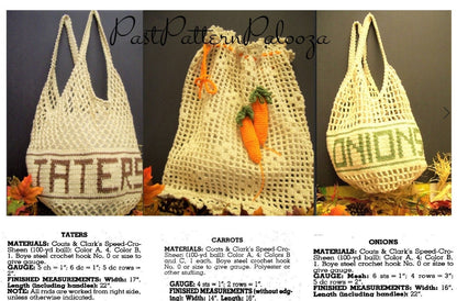 Vintage Crochet Pattern Mesh Produce String Bags Onions Taters Carrot Keepers Shopping Totes PDF Instant Digital Download Cotton Thread
