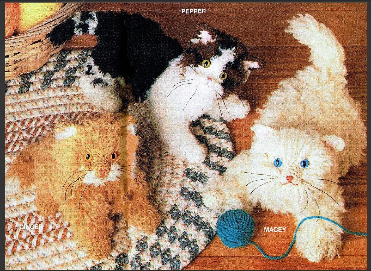 Vintage Crochet Pattern Three 7" Fluffy Kittens Amigurumi PDF Instant Digital Download Realistic Long Haired Kitty Cat Plush 10 Ply