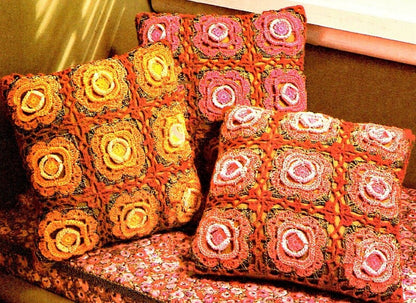 Vintage Thread Crochet Pattern Irish Rose Trio Pillows Boho Floral Granny Square Cushions PDF Instant Digital Download Perle Cotton no. 5