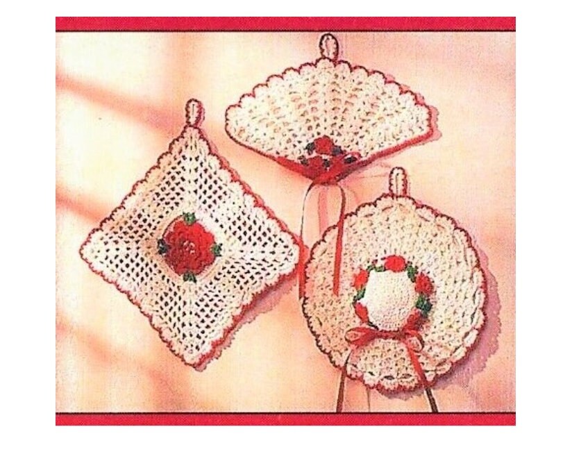 Vintage Crochet Pattern Pretty Victorian Potholders PDF Instant Digital Download Lacy Fan Hat Square Rose Cotton Thread 3 Designs