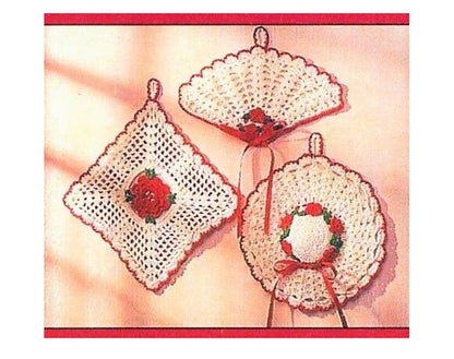 Vintage Crochet Pattern Pretty Victorian Potholders PDF Instant Digital Download Lacy Fan Hat Square Rose Cotton Thread 3 Designs