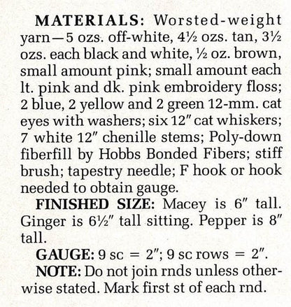 Vintage Crochet Pattern Three 7" Fluffy Kittens Amigurumi PDF Instant Digital Download Realistic Long Haired Kitty Cat Plush 10 Ply