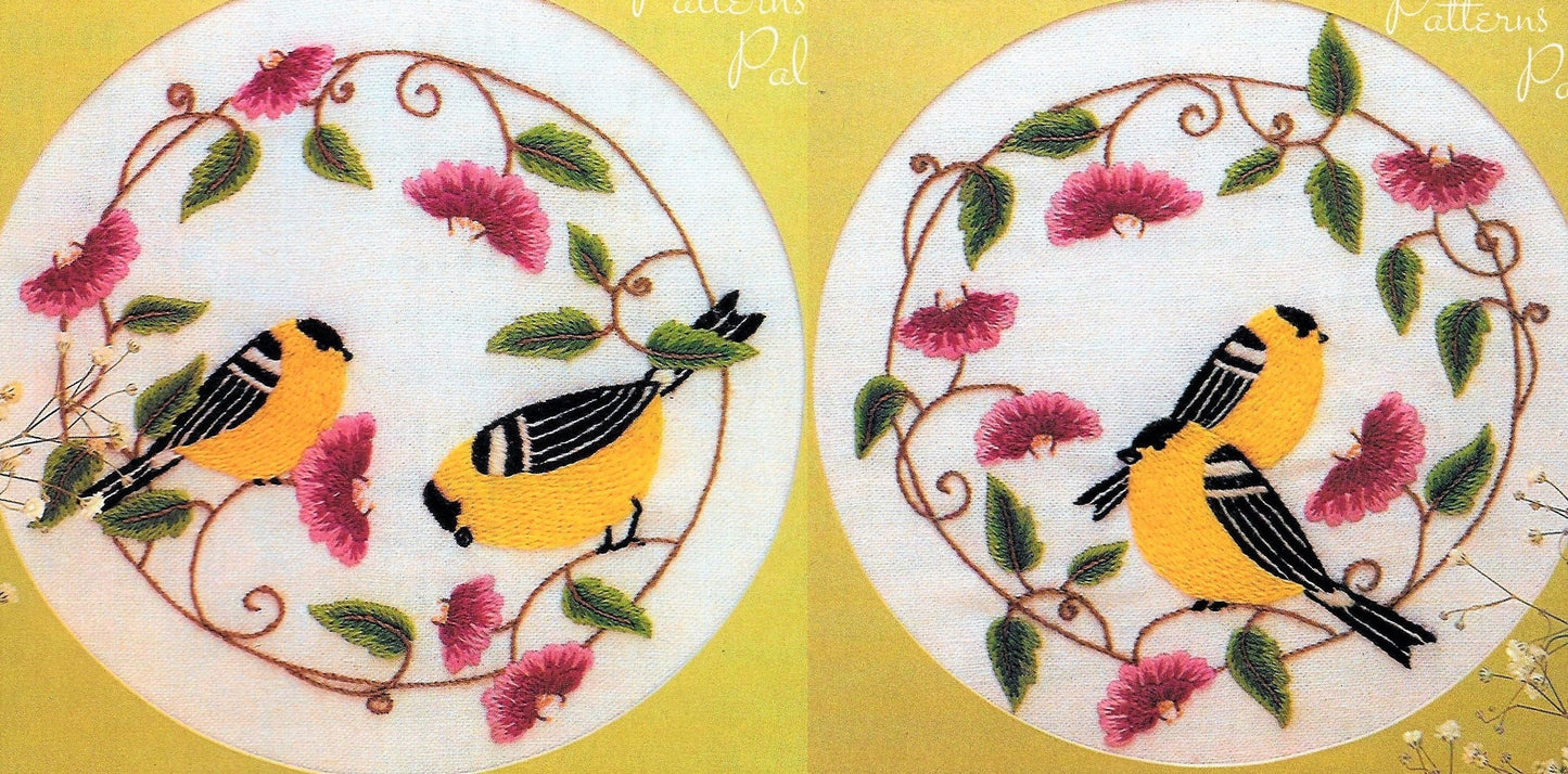 Vintage Crewel Embroidery Pattern 8" Goldfinch Birds Flowers Two Designs PDF Instant Digital Download Retro Little Yellow Birds