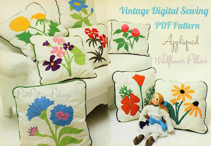 Vintage Sewing Pattern 20" Wildflower Applique Pillows 8 Beautiful Floral Designs PDF Instant Digital Download Retro 1970s