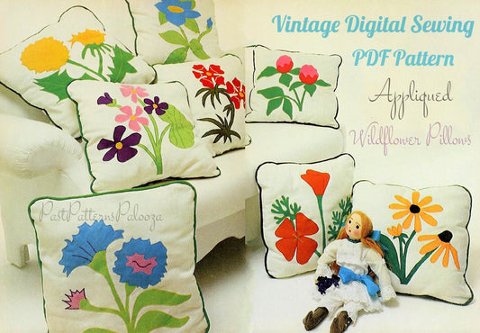 Vintage Sewing Pattern 20" Wildflower Applique Pillows 8 Beautiful Floral Designs PDF Instant Digital Download Retro 1970s